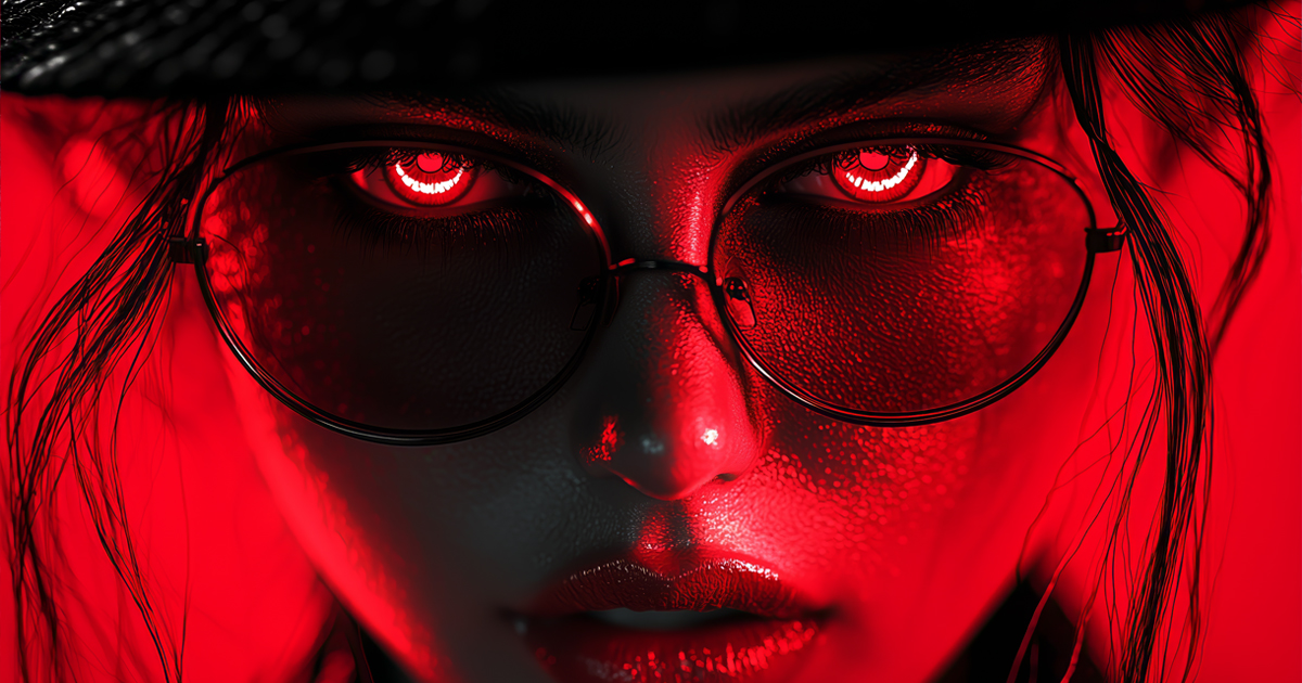 red and black pop art of a woman in sunglasses and glowing red eyes