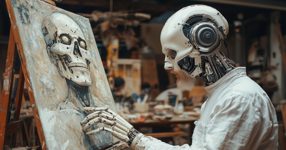 Robot artist painting a robot skull in an art studio